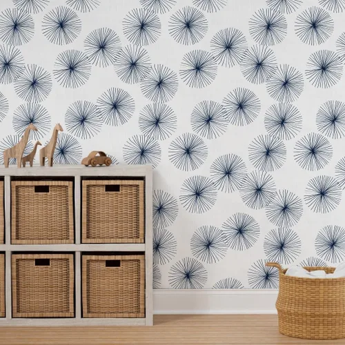 Vista 7 de Spoonflower Mid Century Mod Pre-Pasted Removable Wallpaper Roll 24" x 36" Circle Snowflake Minimalist Dark Blue Self-adhesive, removable and