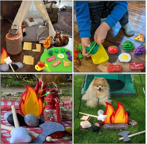 Vista 5 de 45 piezas de juguete de fogata para niños, juguetes de campamento para niños pequeños, juego de fogata de fieltro con frutas cortadas de simulación