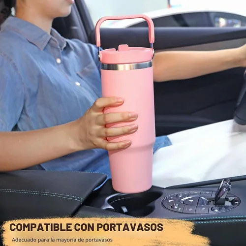 Vista 7 de TaroKitc Vaso de 30 onzas con asa y popote abatible, botella de agua aislada al vacío de triple pared, taza de viaje reutilizable a prueba de fugas