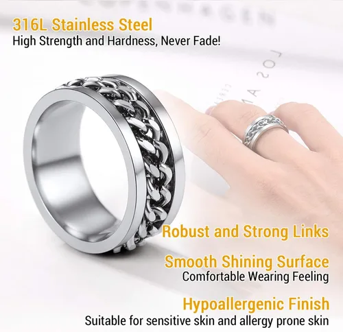 Vista 2 de PROSTEEL Anillo giratorio para hombre, anillos para ansiedad, cadena de eslabones cubanos giratoria de 0.315 in, anillo grueso, tamaño 6-14, grabado
