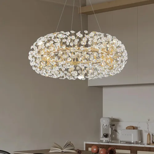 Vista 7 de ykolupty - Candelabro de diente de león dorado de 8 luces para comedor, lámpara colgante Sputnik con control remoto, candelabro de cristal moderno