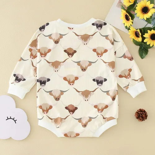Vista 4 de Sudadera para bebé recién nacido, cuello redondo, estampado de vaca, manga larga, con burbujas, lindo traje de otoño e invierno