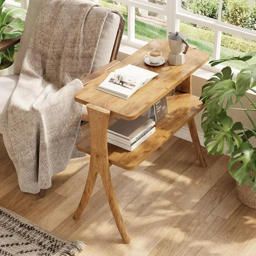 Vista 5 de LITTLE TREE Mesa auxiliar estrecha, mesa de centro de 2 niveles estilo granja con patas de madera maciza, mesa auxiliar pequeña, ahorradora