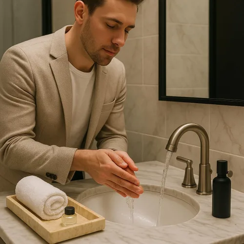 Vista 2 de Lujosa bandeja de tocador de mármol natural tallada a mano, organizador elegante y resistente para baño, dormitorio, maquillaje, encimeras, beige