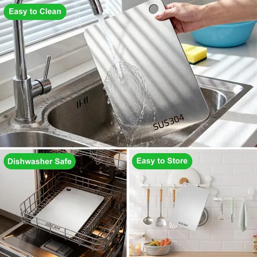 Vista 6 de Tabla de cortar de titanio, tabla de cortar de acero inoxidable para cocina, tabla de cortar de grado alimenticio 304, a prueba de deformación