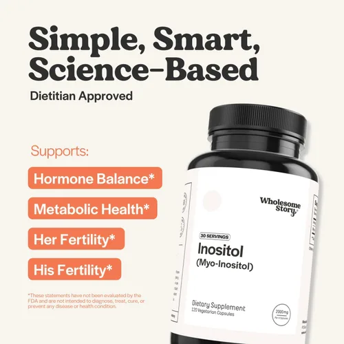 Vista 2 de Wholesome Story Suplemento de mio-inositol Cápsulas de polvo de inositol Mioinositol 2000 mg por porción 500 mg por cápsula Suplemento