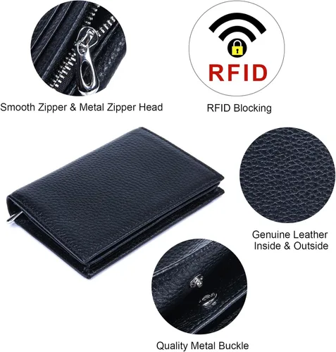 Vista 3 de Fependu Cartera pequeña para mujer, con bloqueo RFID, de piel auténtica, compacta, plegable, con bolsillo, con cremallera, mini monedero