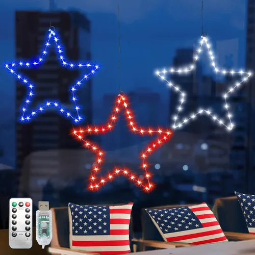 Vista 6 de Red White and Blue Lights,3Pack 4th of July Decorations Iron Framed Hanging Patriotic Star Lights 145LED USB Operated Indoor Window Light for Fourth