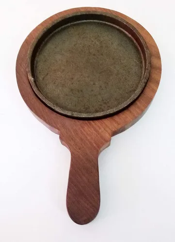 Vista 4 de Sahishnu - Juego de platos para fajita en línea y marketing, plato redondo chisporroteante para brownie/bandeja con base de madera y mango redondo