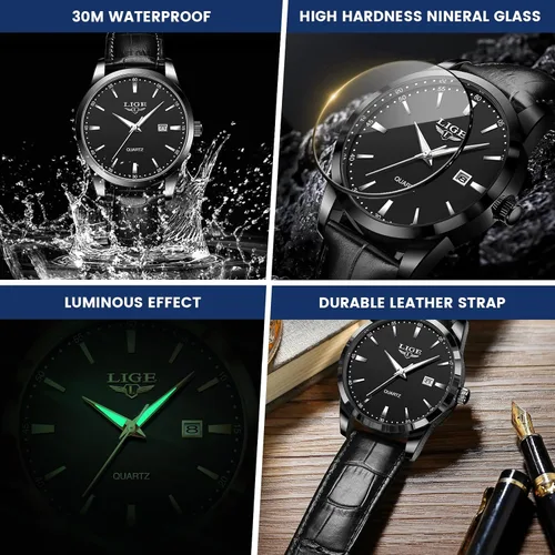 Vista 3 de LIGE Relojes para hombre impermeable analógico vestido vintage cronógrafo analógico casual cuero acero inoxidable movimiento de cuarzo único retro