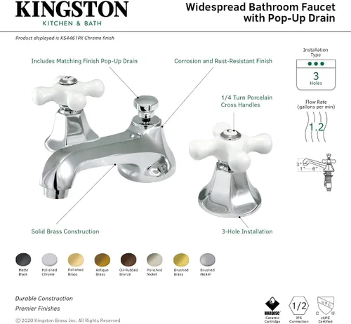 Vista 5 de Kingston Brass KS4462PX Metropolitan Grifo de Lavabo Generalizado con Mango Cruzado de Porcelana, Latón Pulido