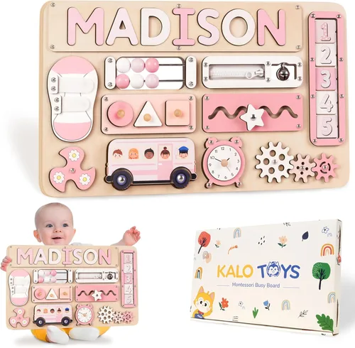 Vista 13 de KALOTOYS Tablero de actividades Montessori grande, juguetes sensoriales para niños de 1, 2, 3 años, habilidades motoras finas y aprendizaje Verde