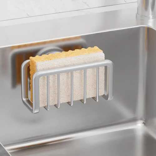 Vista 13 de TAILI Soporte de esponja para fregadero de cocina con ventosa fuerte, organizador de fregadero de aluminio a prueba de óxido, soporte de esponja