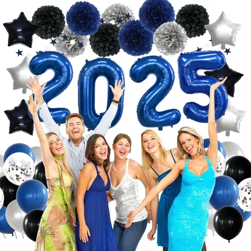 Vista 5 de Suministros de fiesta de Nochevieja 2025, decoraciones de clase de 2025, azul y negro, globos de Fiol Banner de flores pompones de flores guirnalda