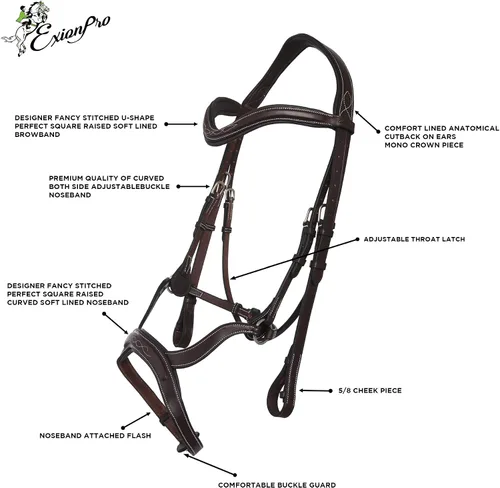 Vista 6 de Exion Horse - Brida anatómica con destello combinado Brida monocrown acolchada suave con riendas de goma Brida de salto premium para caballos