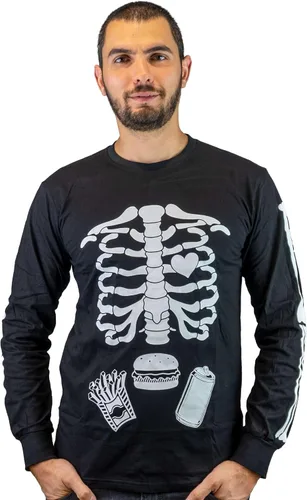 Vista 4 de Pareja de Halloween que brilla en la oscuridad Camisas de manga larga para bebé Rayos X Camiseta de maternidad para hombre, hamburguesa, esqueleto