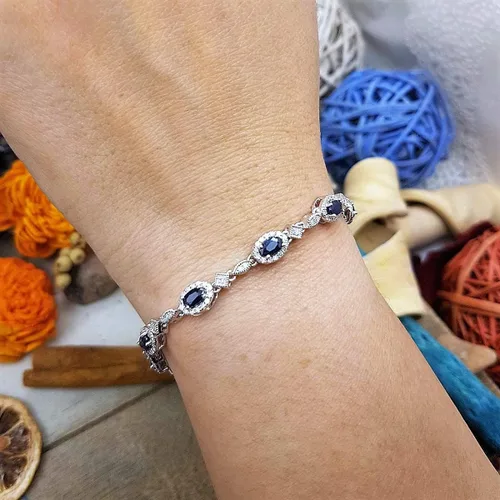 Vista 5 de Dazzlingrock Collection Pulsera de eslabones de mujer de diamante blanco de corte ovalado real con zafiro azul y corte redondo, plata esterlina