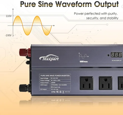 Vista 4 de Inversor de Onda Sinusoidal Pura de 1000W de 12V DC a 120V AC, Inversor de Corriente para Automóvil de 1000 Vatios 12 Voltios para Hogar, Camping