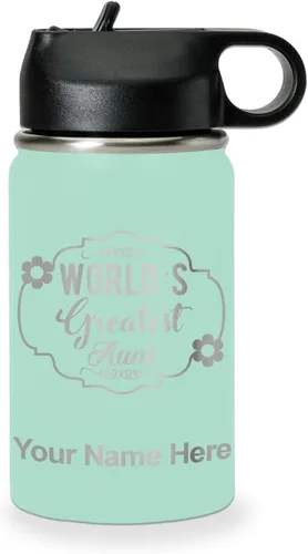 Vista 58 de LaserGram Botella de agua con tapa abatible de doble pared de 12 onzas con pajilla, la tía más grande del mundo, grabado personalizado incluido Negro