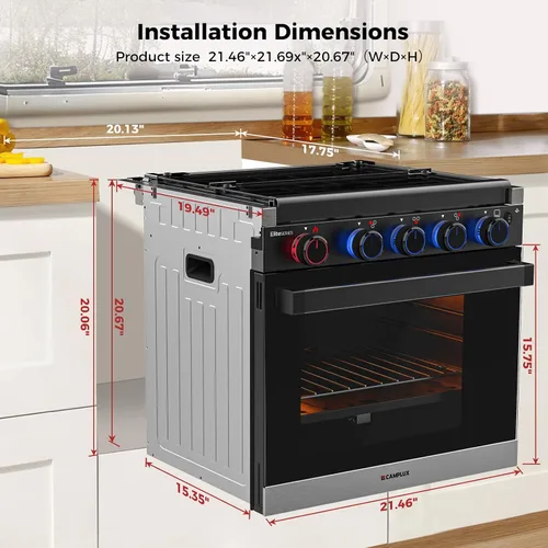 Vista 6 de CAMPLUX Elite - Combo de estufa y horno para RV de 21 pulgadas con protección contra falla de llama, horno de propano para RV de 1.8 pies cúbicos