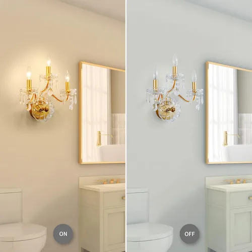 Vista 4 de WUZUPS Apliques de pared de 3 luces para dormitorio, sala de estar, baño, base E12, dorado