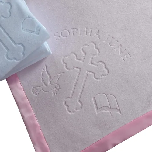 Vista 9 de Manta de regalo para bebés niños o niñas para bautismo. Diseño personalizado religioso cruz y biblia, Rosado