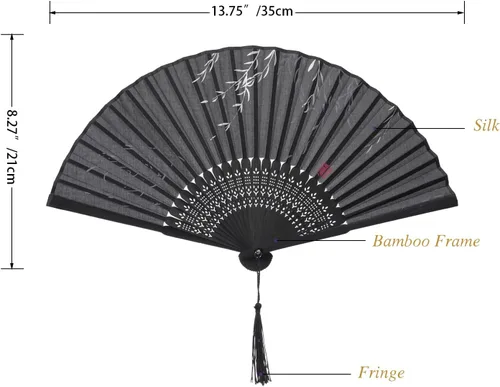 Vista 3 de QIRMIZI 5 ventiladores de mano – Elegantes ventiladores plegables de seda con marcos de bambú, ventilador plegable de flecos huecos, ventilador