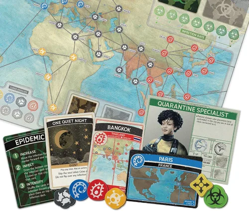 Vista 4 de Juego de mesa Pandemic Edición 10º Aniversario, edición limitada estilo vintage con caja de metal personalizada. Juego cooperativo para niños