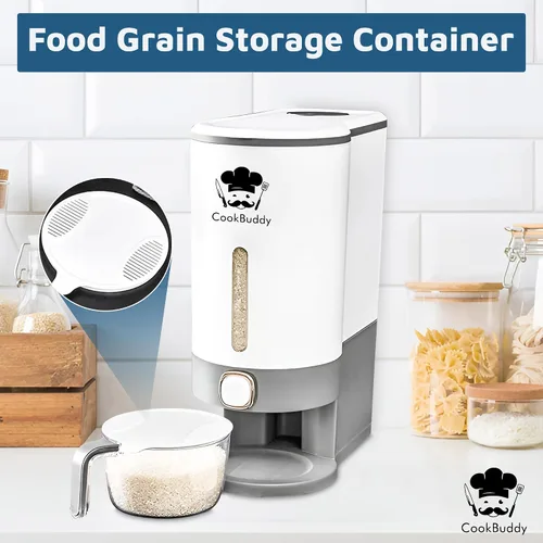 Vista 4 de CookBuddy Dispensador de arroz - Contenedor hermético de almacenamiento de arroz de 25 libras - Dispensador de granos
