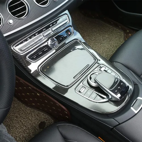 Vista 11 de Cubierta del panel de la caja de cambios de la consola central compatible con Mercedes Benz Clase E W213 2016 2017 2018, estilo fibra de carbono