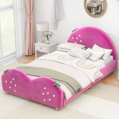 Vista 13 de Cama de plataforma tapizada de tamaño individual con cabecero en forma de oso y rayas de luz incrustadas, bonito marco de cama de plataforma