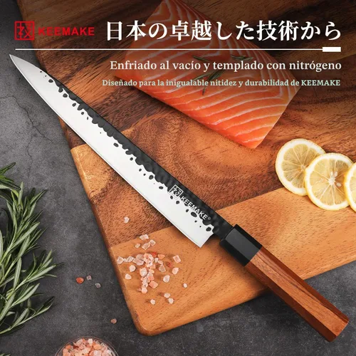 Vista 3 de KEEMMAKE Cuchillo de Sushi Japonés Cuchillos de Sashimi 10 Pulgadas, Cuchillo Yanagiba de Acero Inoxidable 440C, Cuchillos de Chef de Cocina