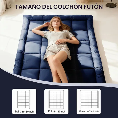 Vista 2 de Colchón de piso japonés Futón, colchón enrollable plegable de 5 capas gruesas, almohada de tatami de espuma cómoda (Azul profundo, individual)