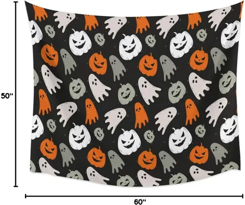 Vista 10 de Tapiz de Halloween para colgar en la pared, fantasma, monstruo de calabazas, tapiz estético lindo de dibujos animados naranja para dormitorio, sala