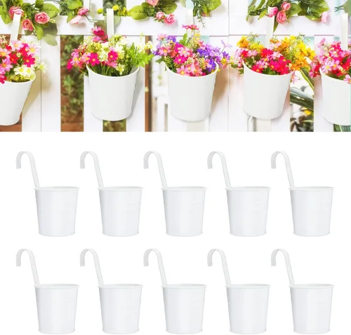 Vista 8 de KINGLAKE Macetas de flores, 10 macetas de metal para colgar en hierro, balcón, jardín, plantas, cestas para vallas, 4 pulgadas, soportes para flores
