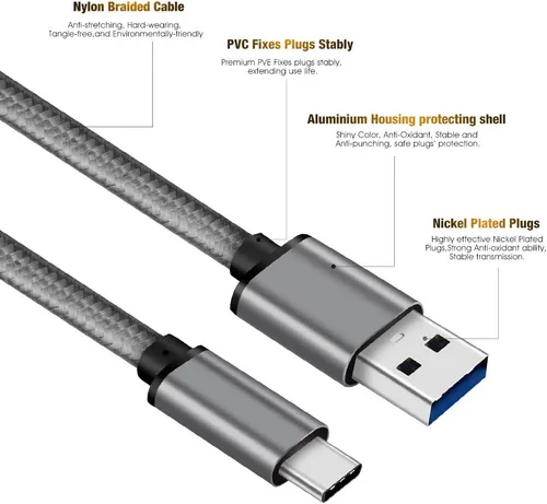 Vista 4 de CBUS - Cable de disco duro SSD trenzado de 6 pies, color gris espacial, resistente, USB-C 3.1 a USB-A 3.0, compatible con LaCie, SanDisk Extreme