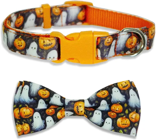 Vista 9 de Collar de perro de Halloween con corbatín, collar ajustable de vacaciones con estampado de fantasma con hebilla resistente, 3 tamaños para perros