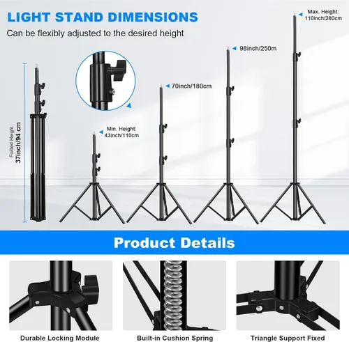Vista 3 de Paquete de 2 soportes de luz resistentes de 9.2 pies / 110 pulgadas con resorte de aluminio acolchado para trípode, carga máxima: 22.0 lbs ajustable