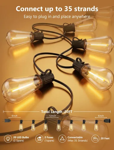 Vista 2 de Tira de luces LED ST40 de 20 pies para exteriores con 22 bombillas Edison vintage inastillables, tira de luces para patio, impermeable, para patio