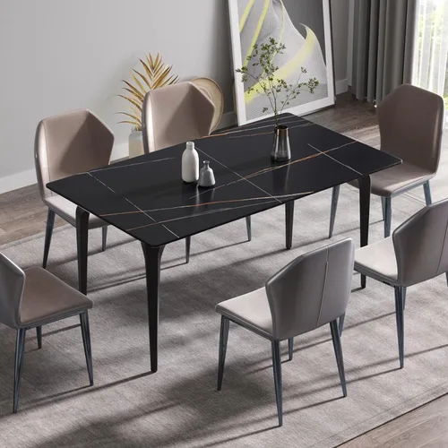 Vista 13 de Mesa de comedor de cocina de 63 pulgadas para comedor, cocina, comedor, espacio compacto con mesa de piedra sinterizada, 4 patas de metal negro