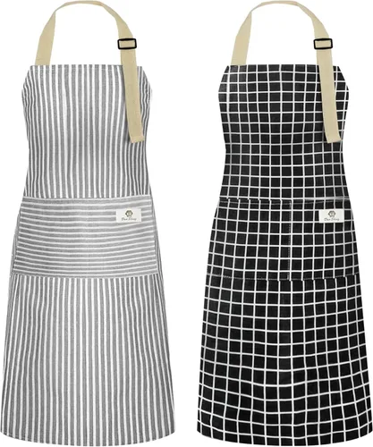 Vista 8 de NLUS Paquete de 2 delantales de cocina ajustables con babero, delantal de chef suave con 2 bolsillos para hombres y mujeres (rayas negras)