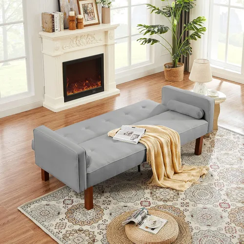Vista 4 de Sofá cama de tela moderna, sofá cama convertible con 2 almohadas y reposabrazos, sofá reclinable plegable de 75 pulgadas con patas de madera maciza