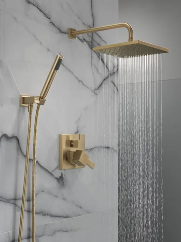 Vista 2 de Sistema de Ducha de Lluvia Cuadrado Delta Modern Serie 14, Conjunto de Grifo, Cabezal de Ducha de Lluvia Oro Cepillado y Conjunto de Mango, Kit