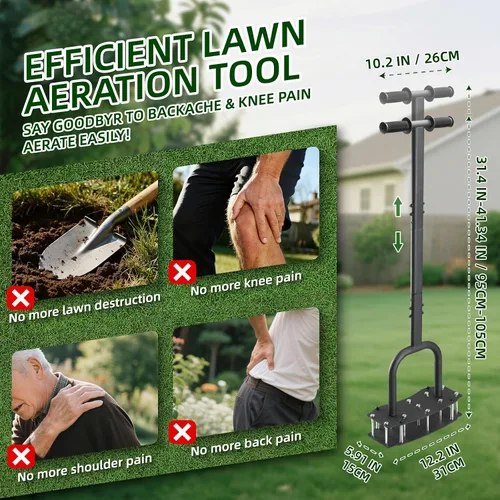 Vista 7 de Herramienta aireadora de césped de 11 picos, herramienta de aireación manual de acero resistente para patio Anti-Clog Design, 12.2”x6” Wide