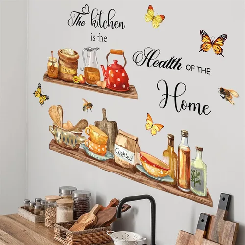 Vista 5 de Adhesivos de pared para estante de utensilios de cocina, sacinora The Kitchen is the Heart of Home, calcomanía de pared de abeja de mariposa, vinilo