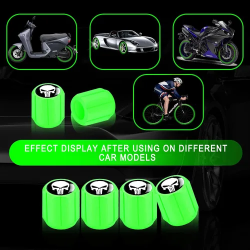 Vista 5 de Ajxn 4 tapas de vástago de válvula de neumático de automóvil, estampado de calavera, tapas de aire luminosas, universales para automóviles