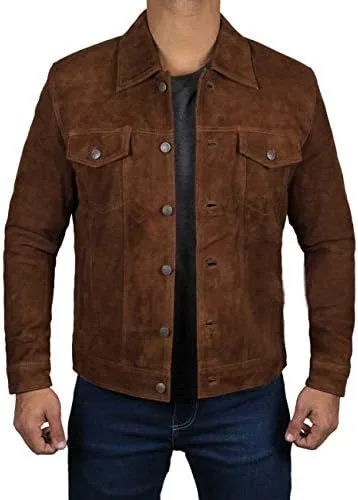 Vista 5 de Logan Brown Cowboy Style Trucker - Chaqueta de piel de ante para hombre, chaqueta de vaquero para hombre, chaqueta de ante para hombre