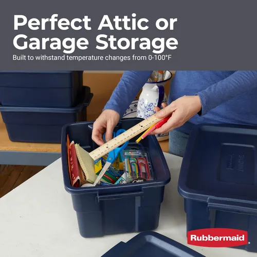 Vista 4 de Rubbermaid Roughneck Tote de 3 galones, paquete de 6, fabricado en EE.UU., índigo oscuro metálico, contenedores de almacenamiento de plástico