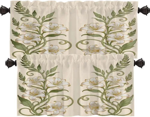 Vista 26 de Shrahala Art Nouveau Floral Pattern Blackout Curtain Tiers, Delicate Vine and Flower Design Kitchen Valance Light Blocking Tier Drapes with Rod