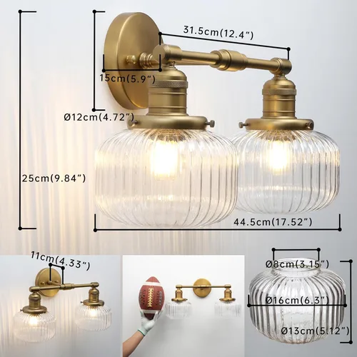 Vista 2 de 2 luces de pared industriales de vidrio, lámpara de pared de latón antiguo con pantalla de globo rayado transparente para tocador de baño